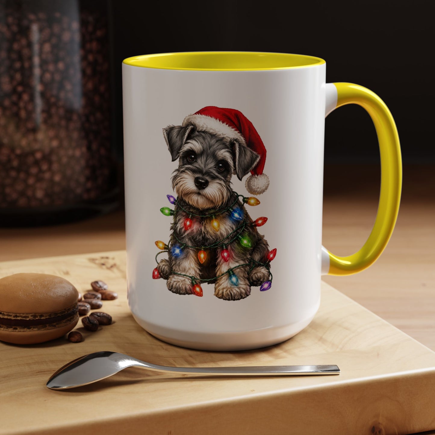 Christmas Puppy Coffee Mug — Schnauzer in Santa Hat with Holiday Lights (11/15oz)