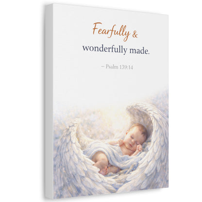 Canvas Wall Art - "Fearfully & Wonderfully Made" Baby Angel Bible Verse (Psalm 139:14) Nursery Decor