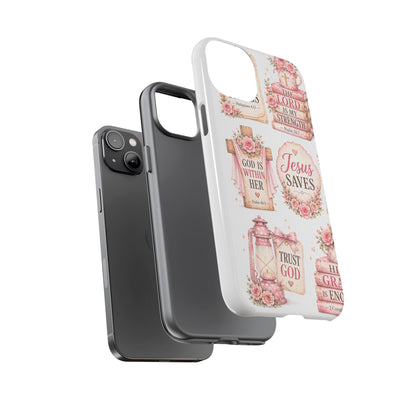Christian Phone Case — Jesus Saves Floral Tough Case with 'God Is Within Her' & 'Trust God' Design