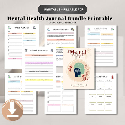 Mental Health Journal Bundle Printable | Self Care & Wellness Planner | Therapy Journal | Mindfulness & Mood Tracker