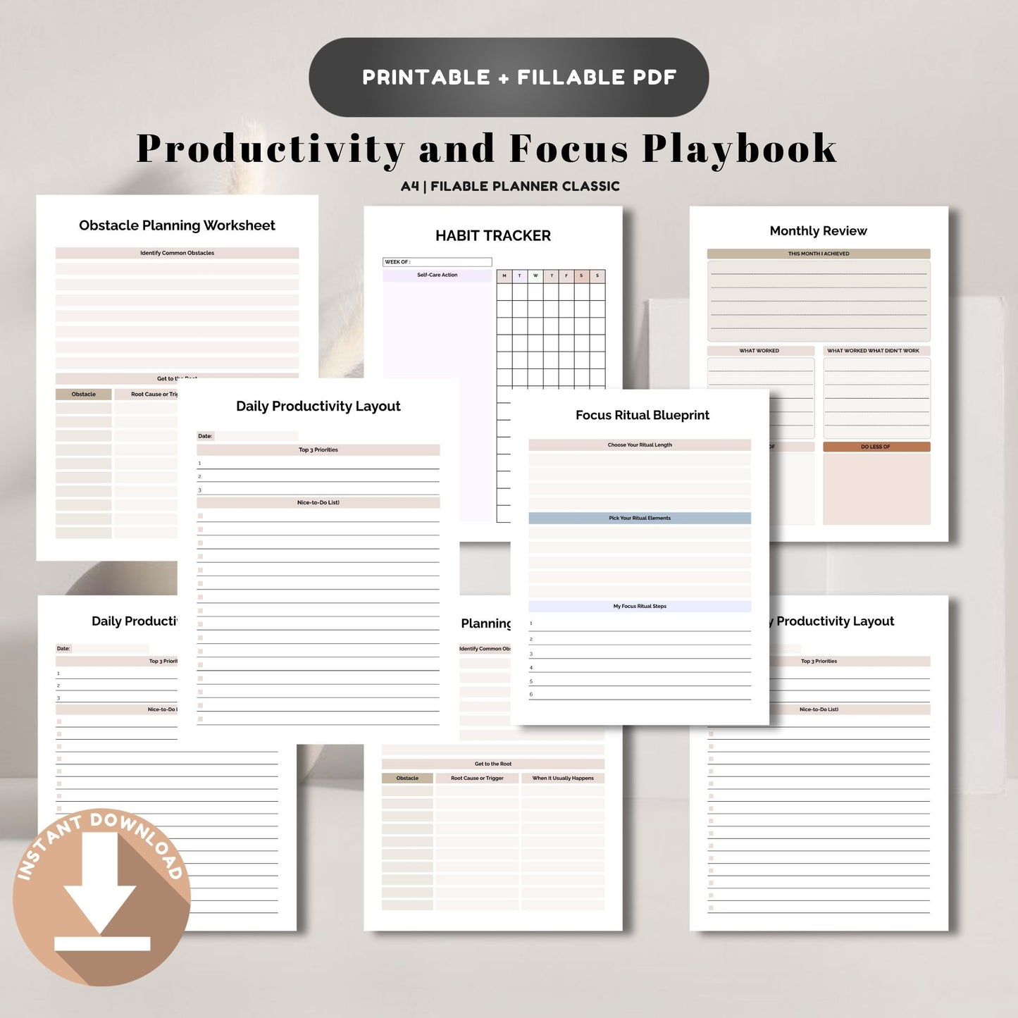Productivity & Focus Playbook Printable | Time Management & Deep Work Planner