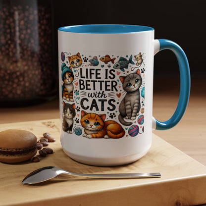 Life Is Better With Cats Accent Coffee Mug – Cute Kitten Ceramic Tea Cup (11/15oz)