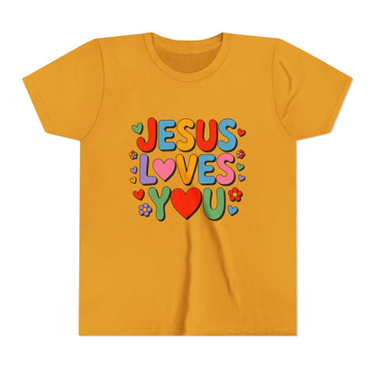 Youth Tee - "Jesus Loves You" Colorful Heart & Flower Christian Shirt