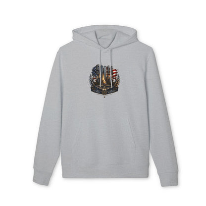 9/11 Memorial Hoodie - American Flag Tribute with Twin Towers Emblem