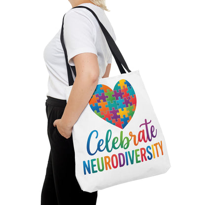Celebrate Neurodiversity Tote Bag – Rainbow Puzzle Heart Awareness Tote
