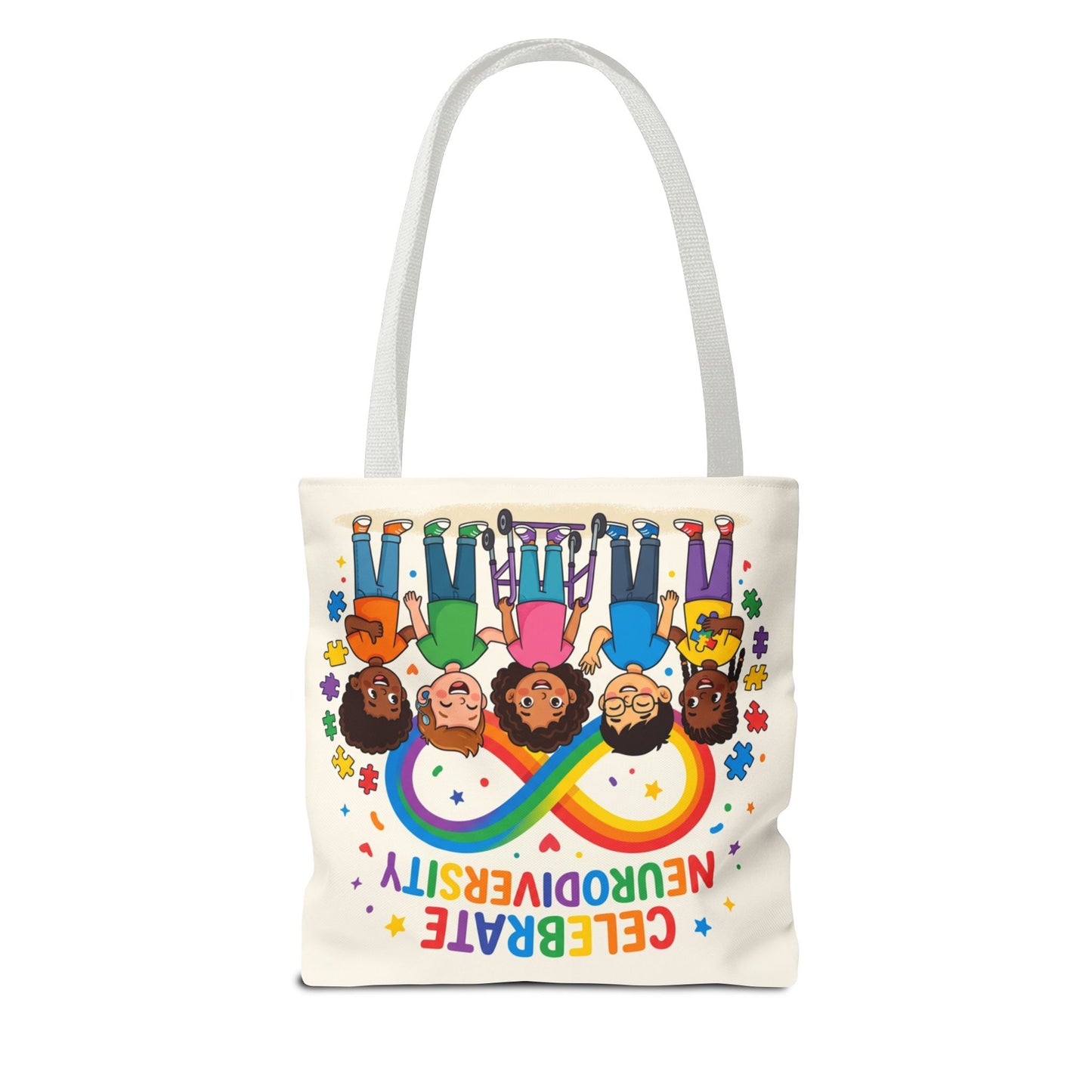 Celebrate Neurodiversity Tote Bag — Rainbow Infinity Symbol with Diverse Kids