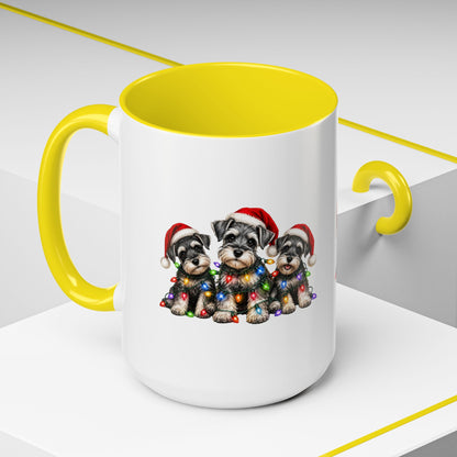 Christmas Puppy Coffee Mug — Cute Schnauzer Trio with Santa Hats & Holiday Lights (11/15oz)