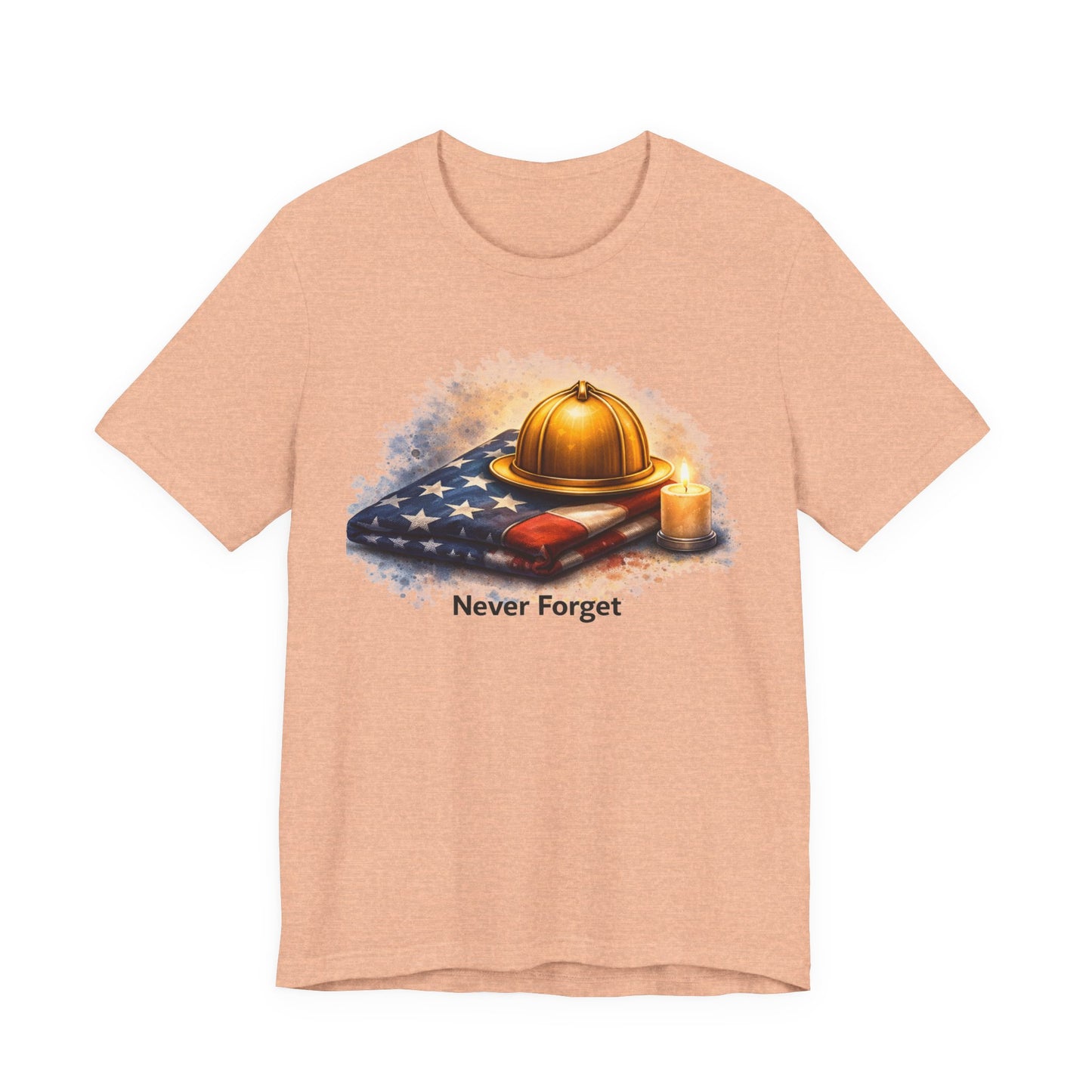 Never Forget Memorial T‑Shirt — Firefighter Helmet & Flag Tribute