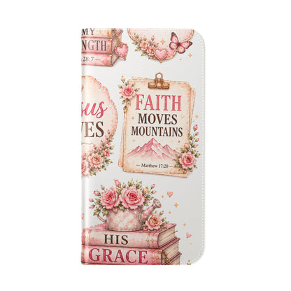 Christian Floral Phone Flip Case — "Jesus Saves" & Inspirational Scripture Wallet Cover
