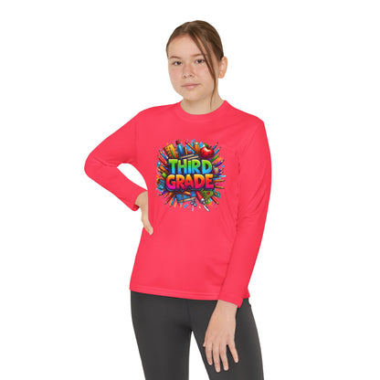 Third Grade Youth Long Sleeve Tee — Colorful School Supplies Design