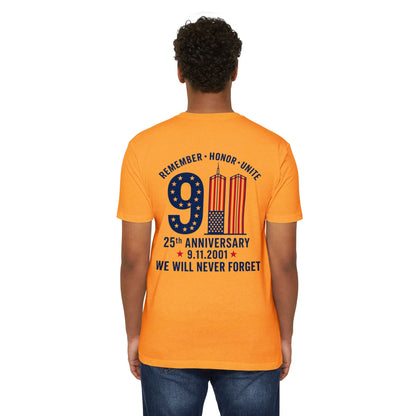 9/11 Memorial T-Shirt – "Remember Honor Unite" 25th Anniversary We Will Never Forget