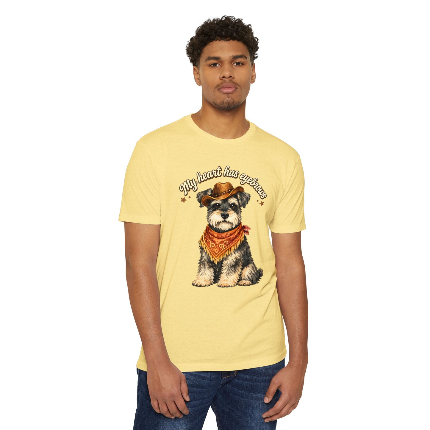 Schnauzer Cowboy T-Shirt — "My Heart Has Eyebrows" Cute Dog Graphic Tee