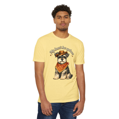 Schnauzer Cowboy T-Shirt — "My Heart Has Eyebrows" Cute Dog Graphic Tee