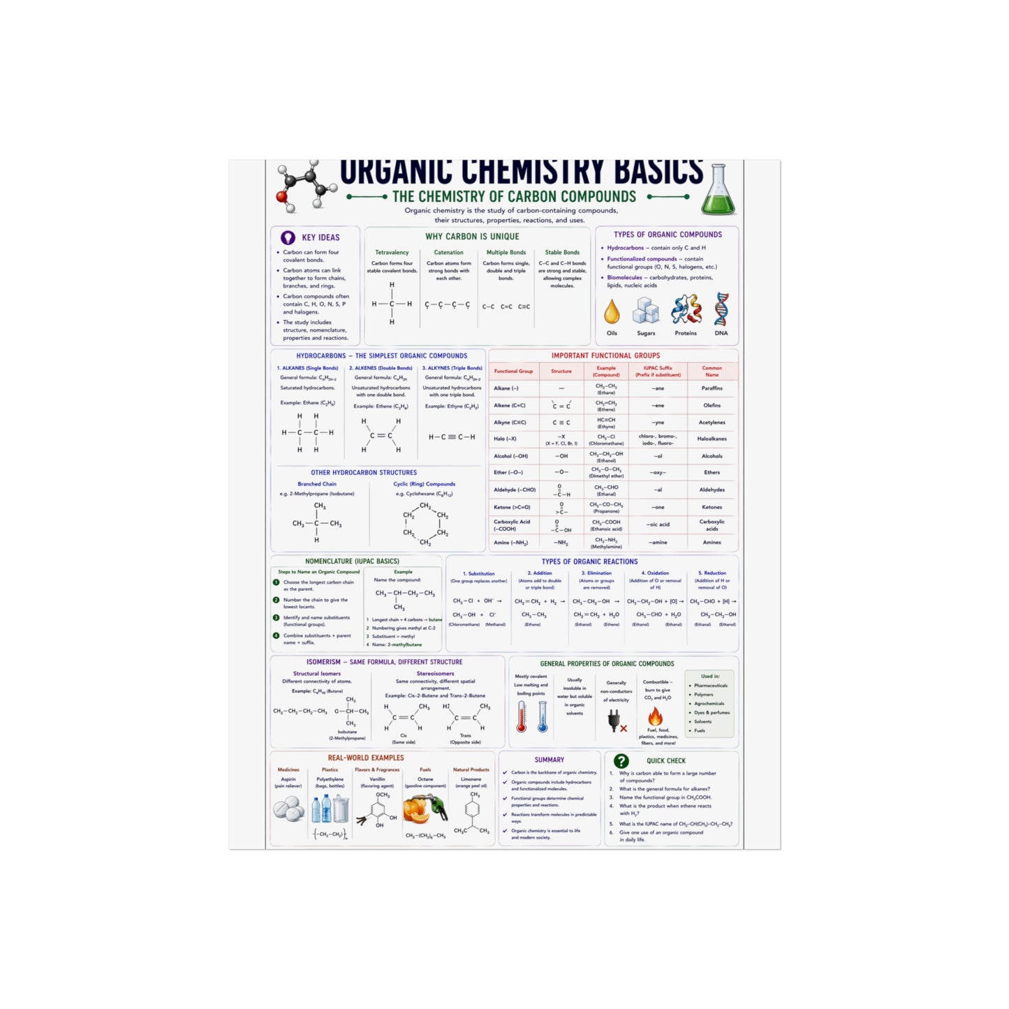 Organic Chemistry Basics Poster – Fine Art Educational Print (Reaction Types, Functional Groups, Nomenclature)
