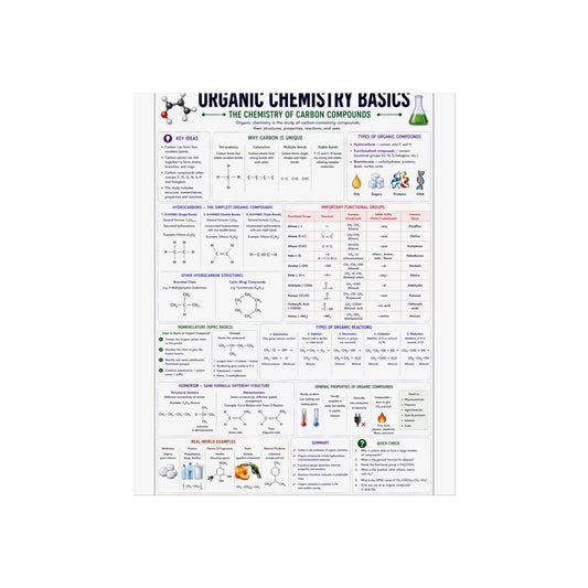 Organic Chemistry Basics Poster – Fine Art Educational Print (Reaction Types, Functional Groups, Nomenclature)