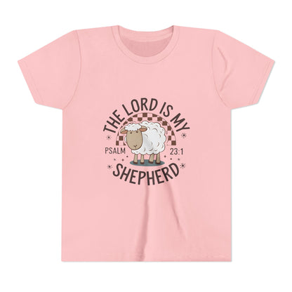 Youth Tee — "The Lord Is My Shepherd" Psalm 23:1 Christian Kids T‑Shirt (Sheep Design)