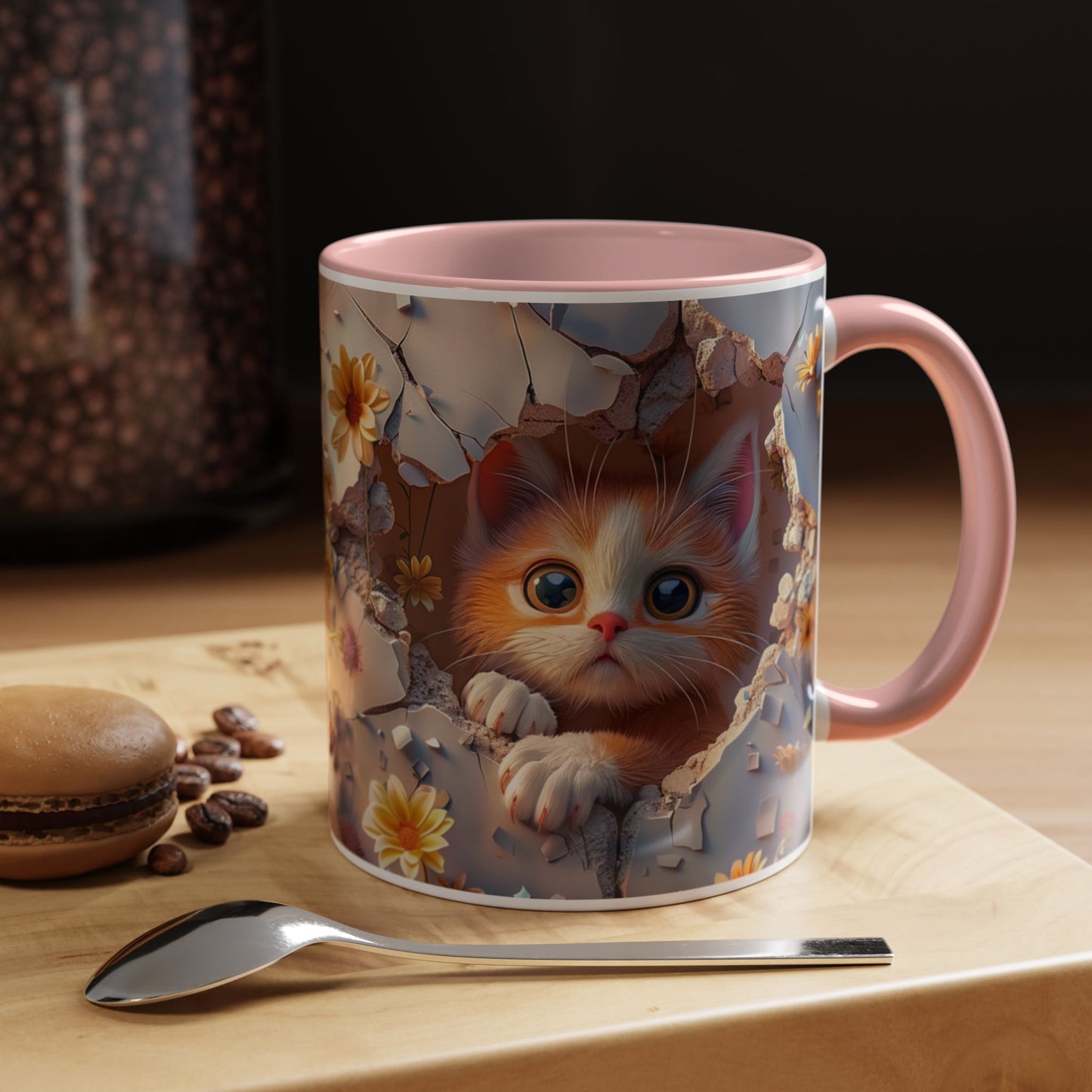 Cute Kitten Floral Coffee Mug – Peekaboo Cat Accent Mug (11/15oz)