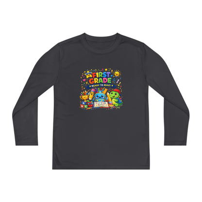 First Grade Ready Youth Long Sleeve Tee — "First Grade Here I Come" Back-to-School Shirt