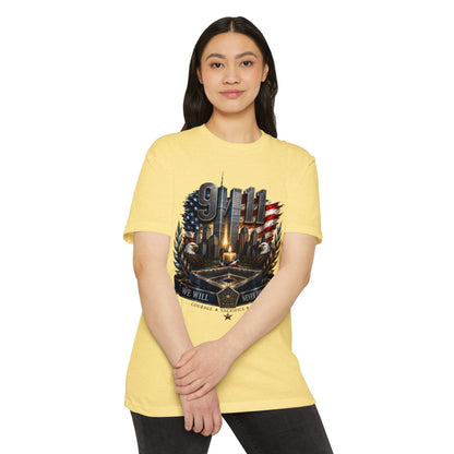 9/11 Never Forget Memorial T-Shirt — Tribute American Flag Skyline Tee