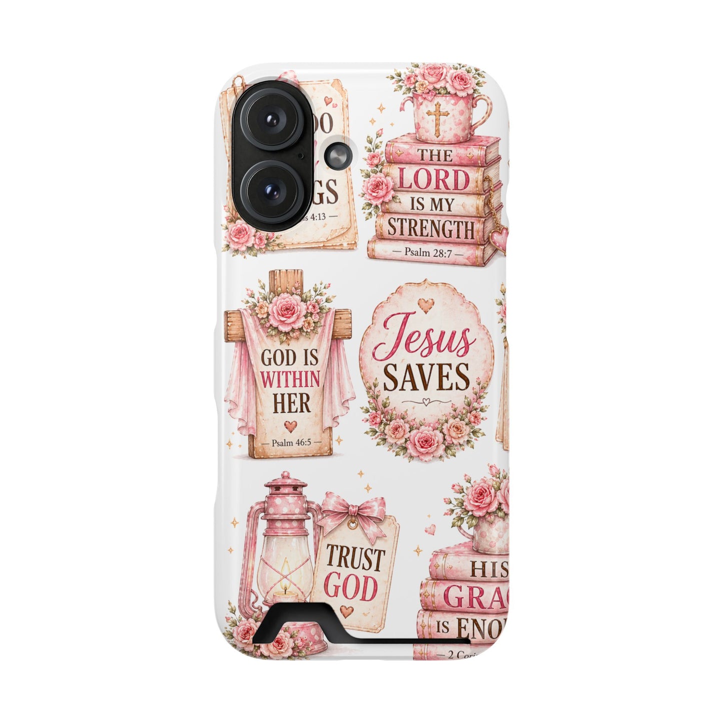 Christian Floral Phone Case with Card Holder — 'Jesus Saves' Inspirational Design