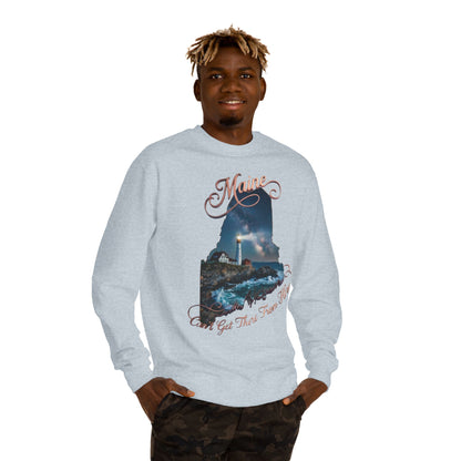 Maine Lighthouse Crewneck Sweatshirt — "Can't Get There From Here" Coastal Graphic