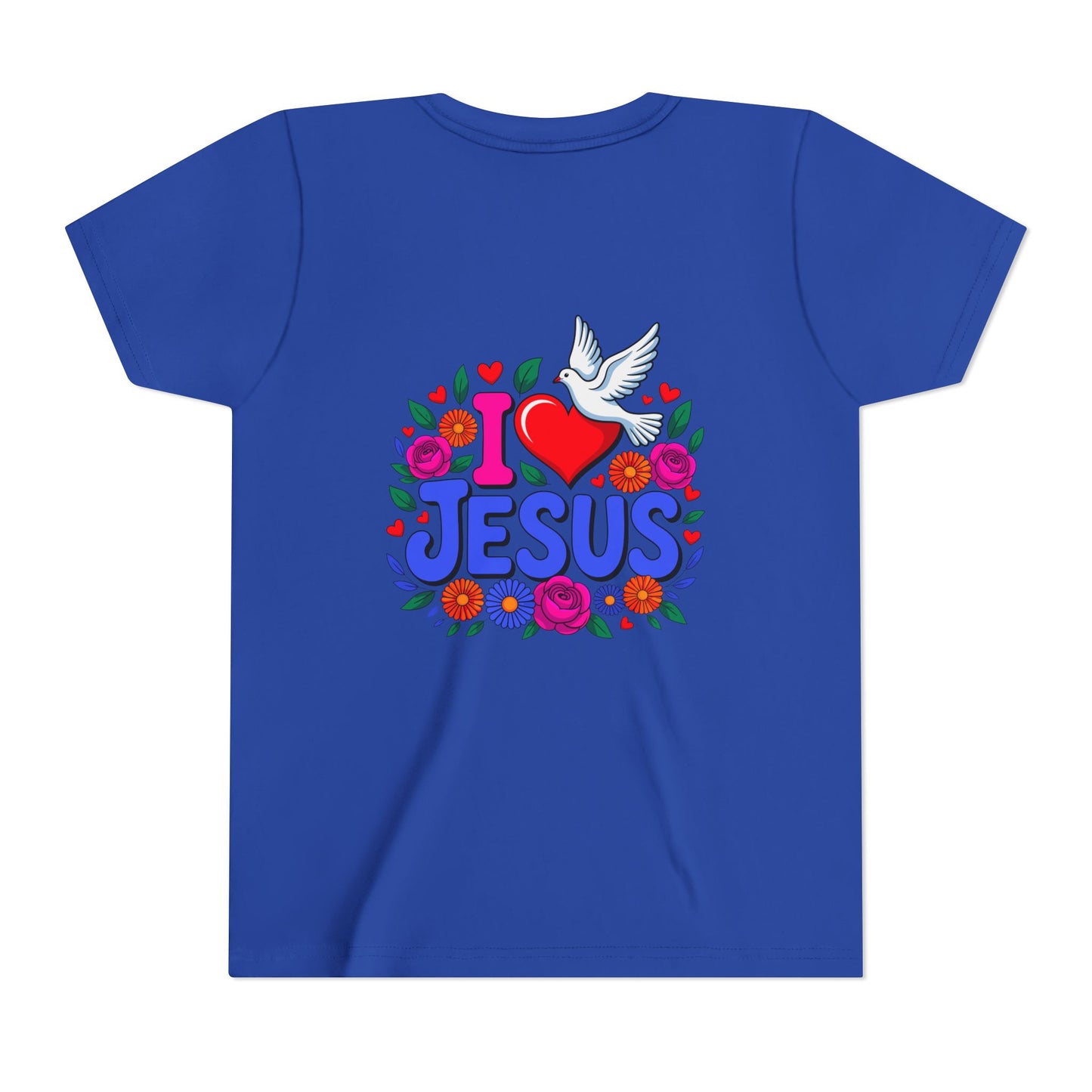 Youth Tee — "I  Jesus" Colorful Dove & Floral Christian Shirt
