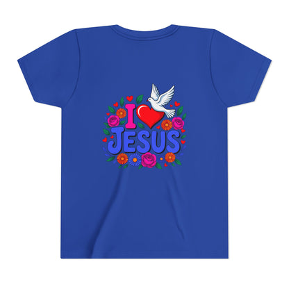 Youth Tee — "I  Jesus" Colorful Dove & Floral Christian Shirt