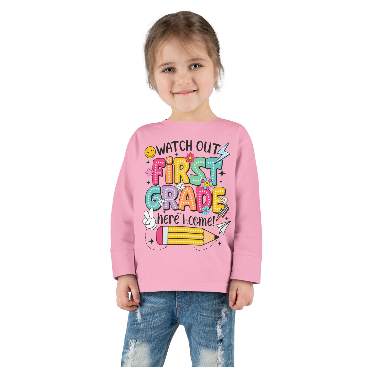 Toddler Long Sleeve Tee — "Watch Out First Grade Here I Come" Back-to-School Shirt