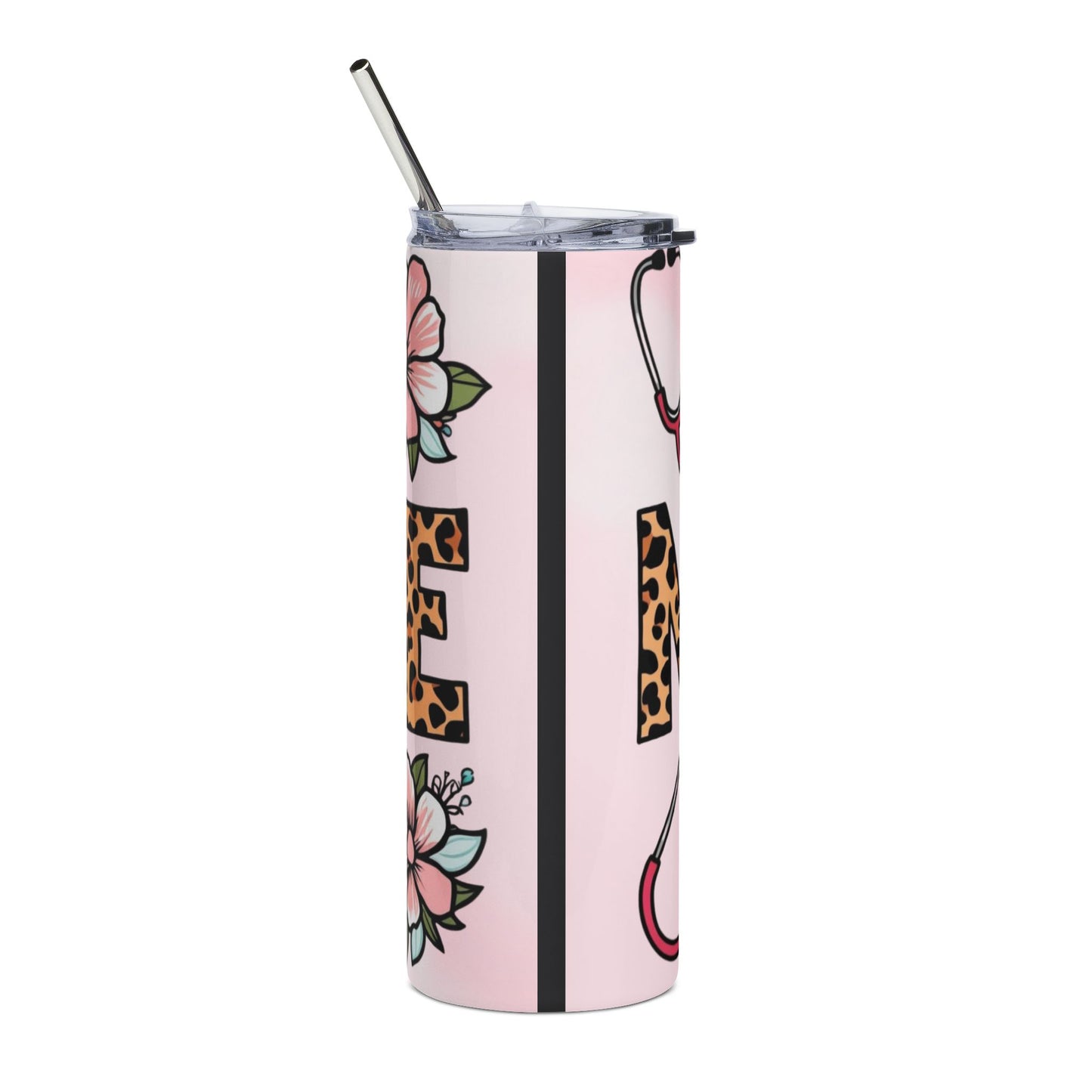 Nurse Leopard Print 20oz Stainless Tumbler – Pink Medical Stethoscope & Syringe Travel Mug