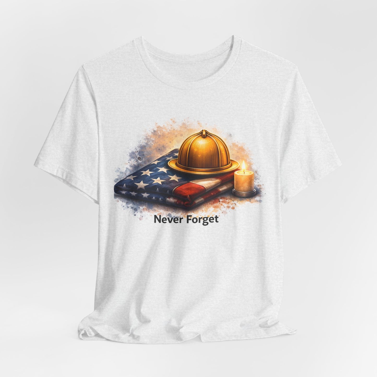 Never Forget Memorial T‑Shirt — Firefighter Helmet & Flag Tribute