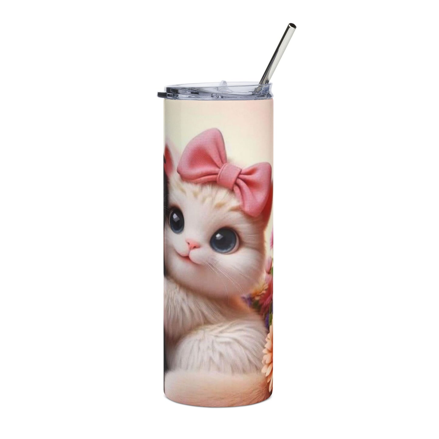 20oz Cat Hug Stainless Steel Tumbler — Cute Black & White Kittens Floral Design