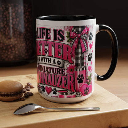 Life Is Better With A Miniature Schnauzer Accent Coffee Mug — Pink Paw Print Dog Lover Gift (11/15oz)