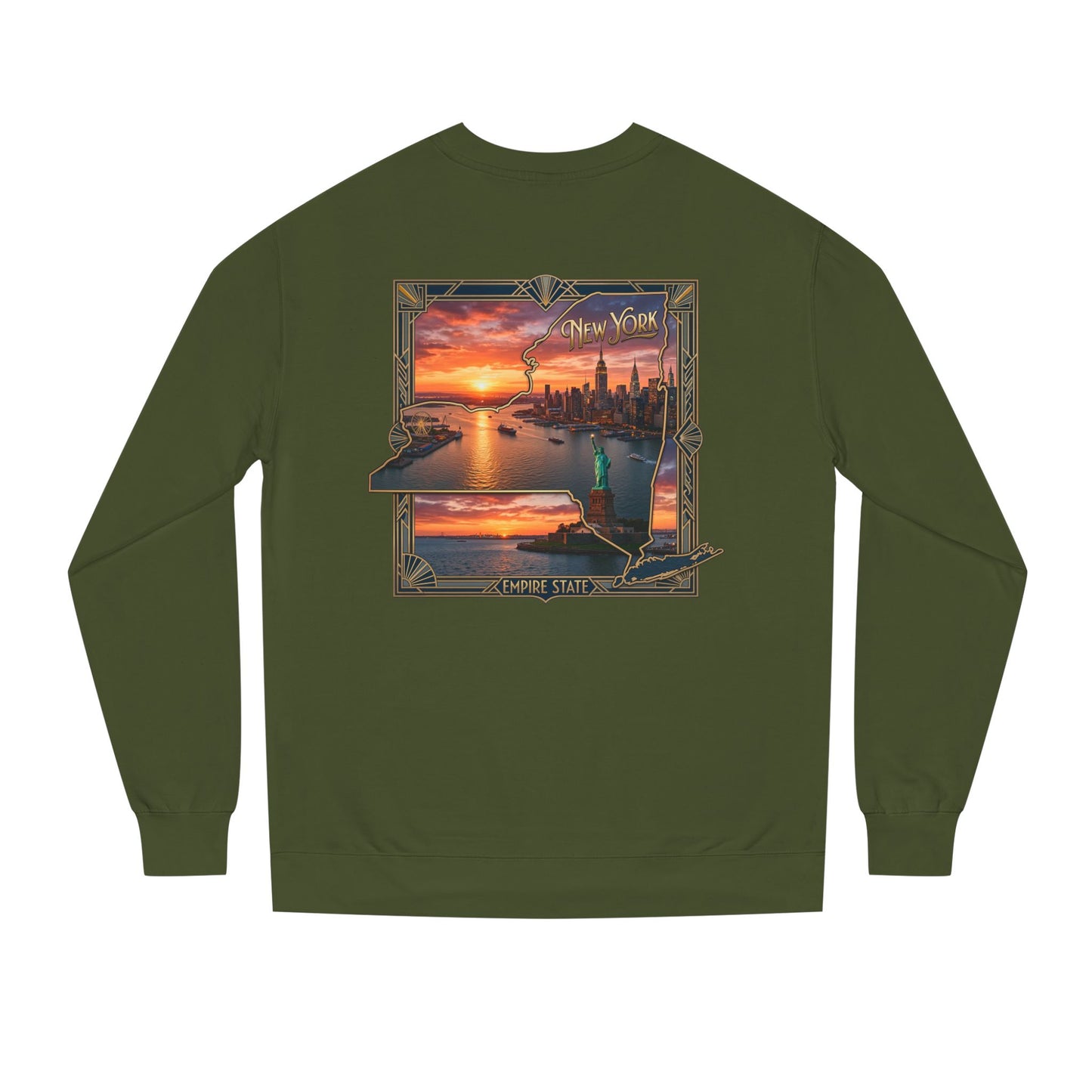 New York Sunset Crewneck Sweatshirt — Statue of Liberty Skyline Graphic