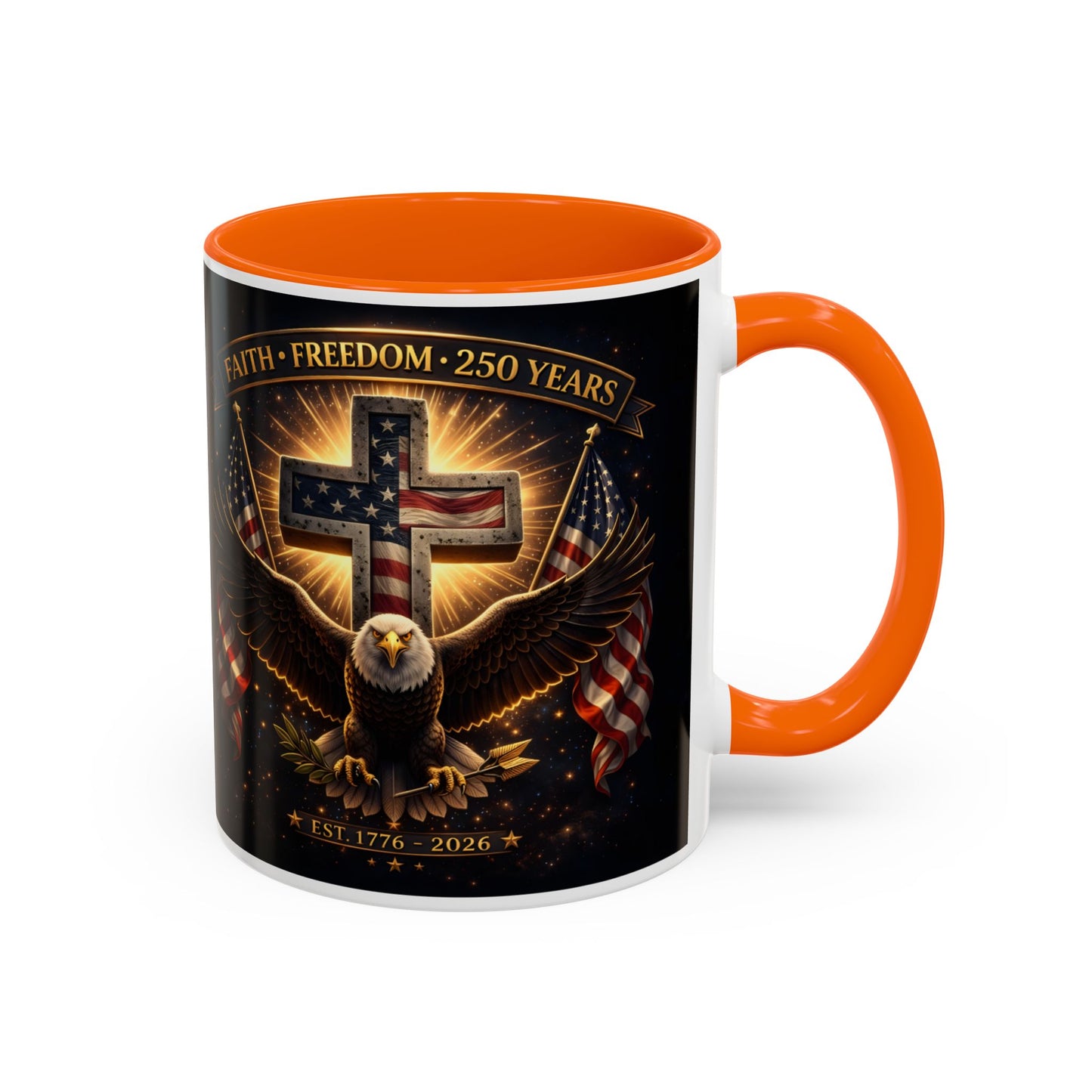 Patriotic Faith & Freedom Accent Coffee Mug — Eagle, Cross & American Flag (1776–2026)