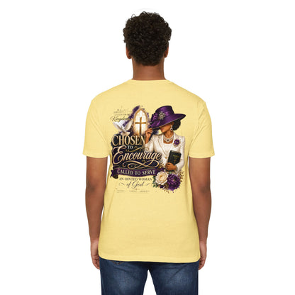 Chosen to Encourage Christian T-Shirt — 'Called to Serve' Purple Church Hat Design