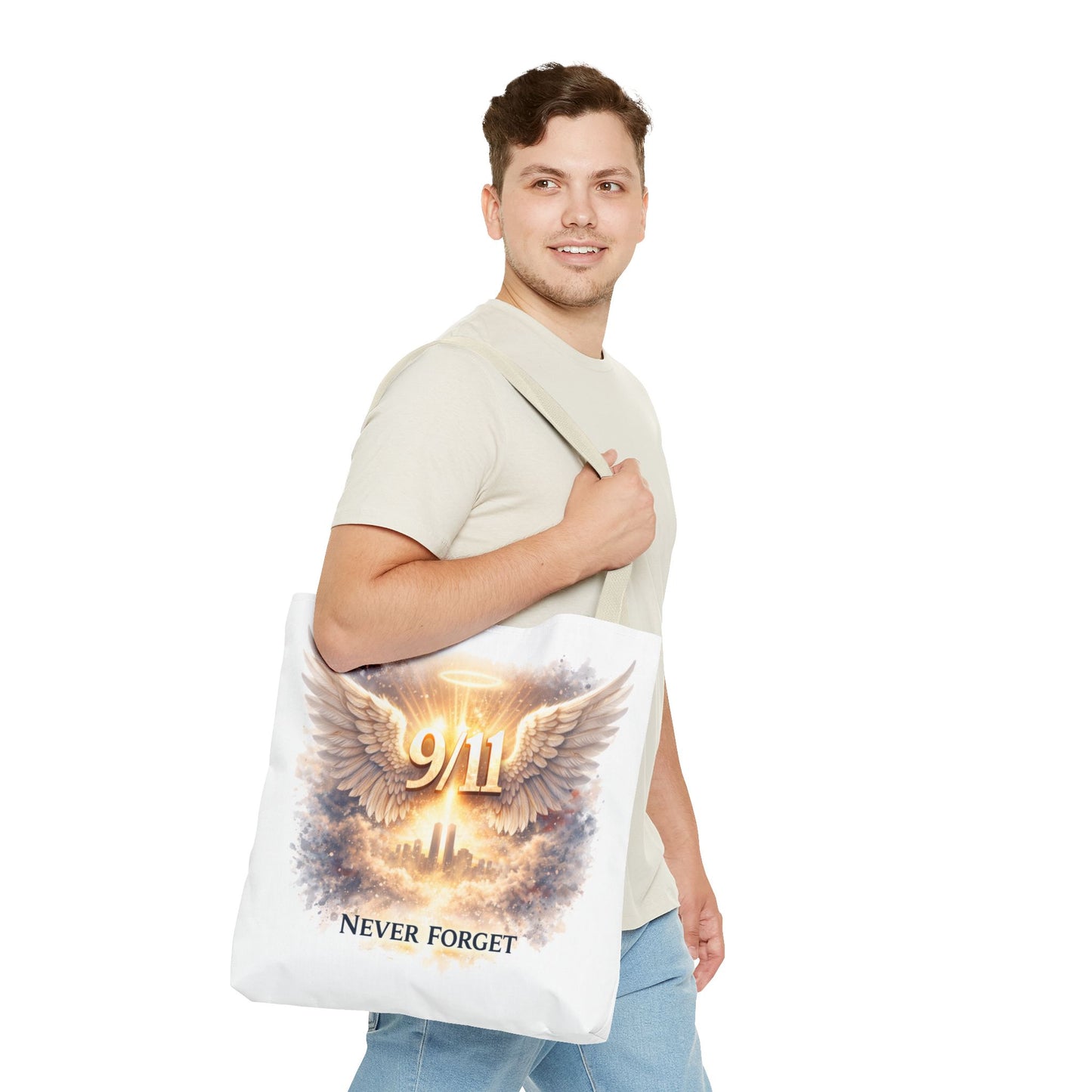 9/11 Memorial Tote Bag – 'Never Forget' Angel Wings Tribute