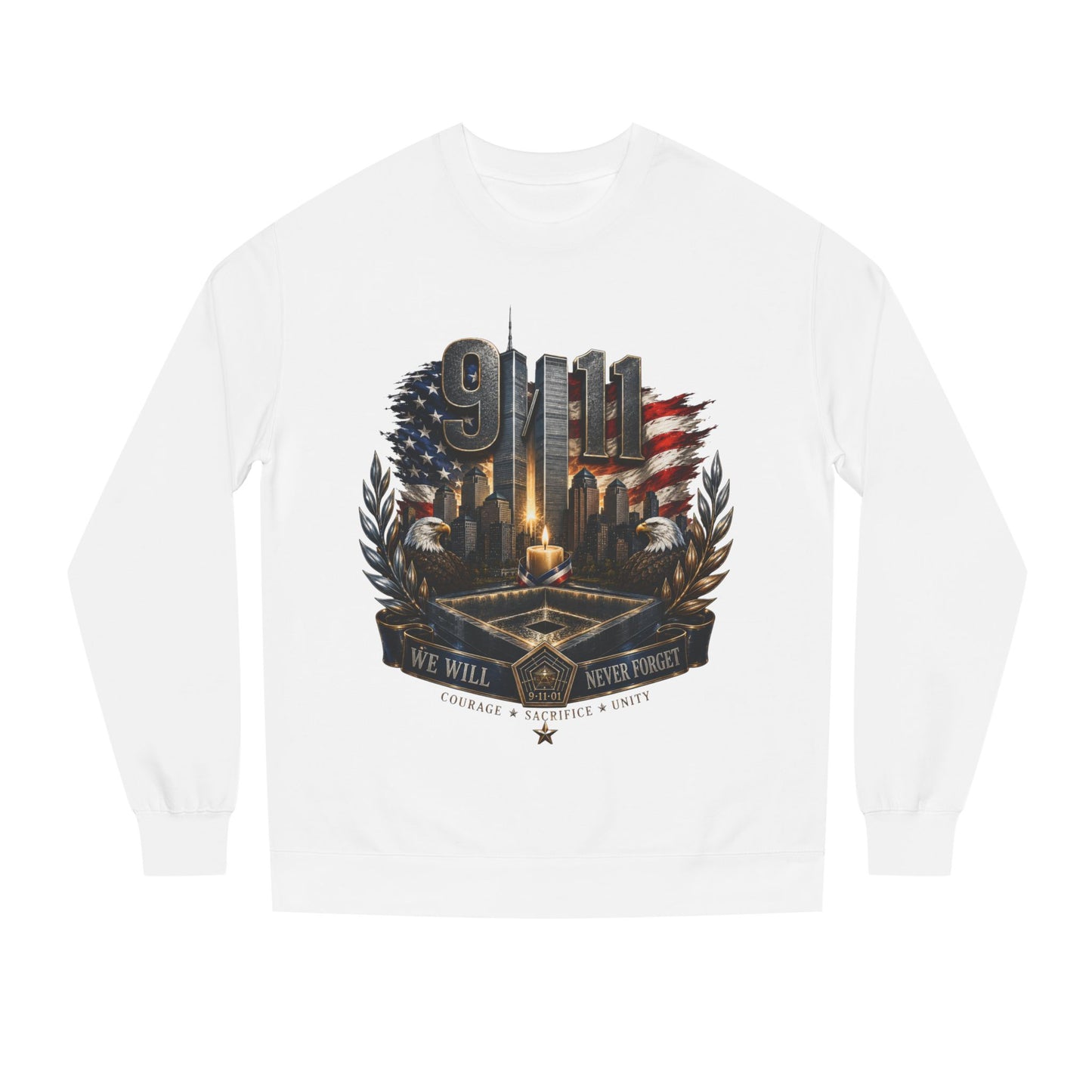 9/11 Memorial Crewneck Sweatshirt — We Will Never Forget Tribute
