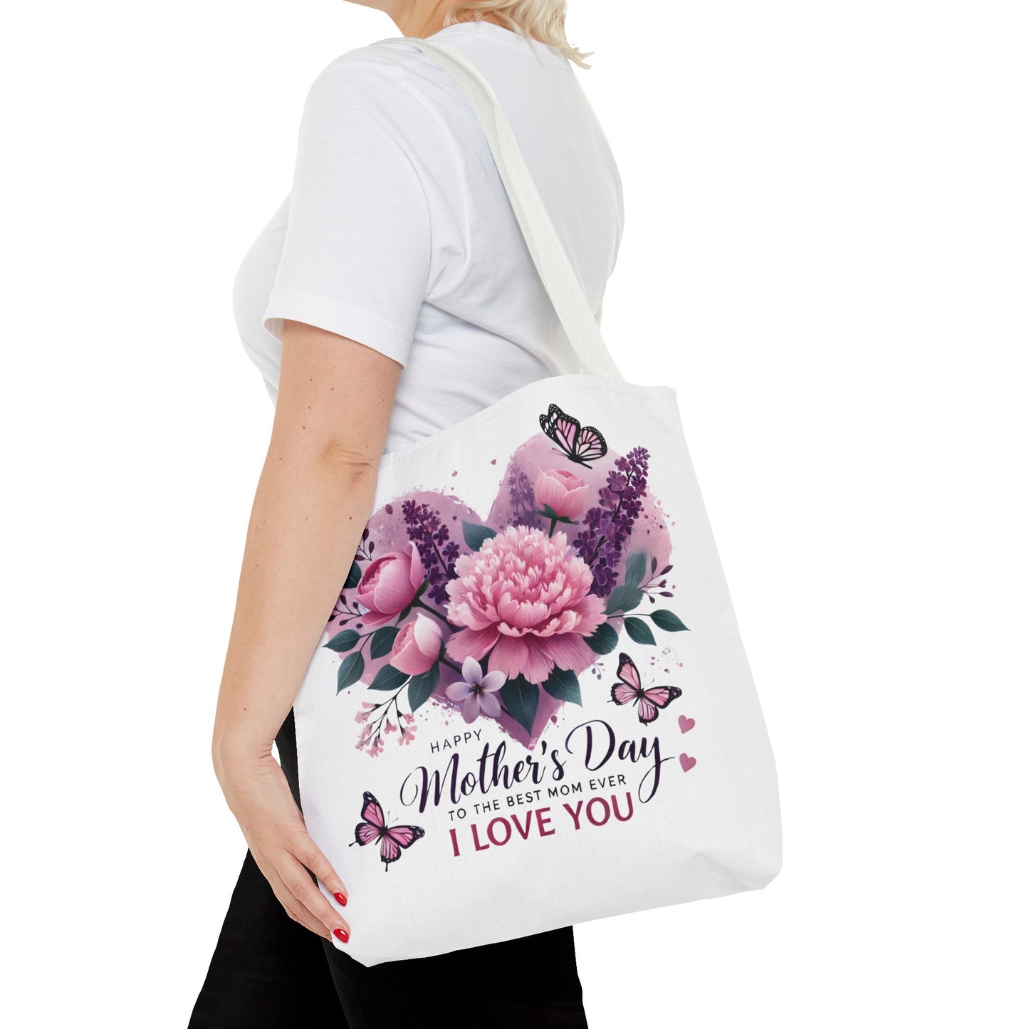 Mother's Day Floral Tote Bag - "Happy Mother's Day I Love You" Heart Bouquet