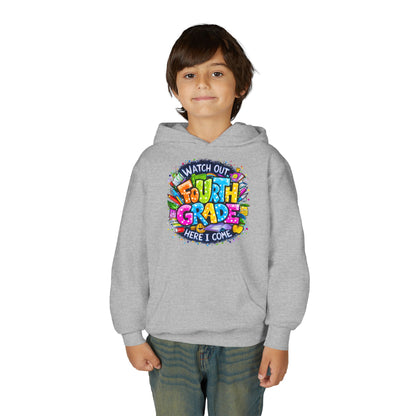 Fourth Grade Hoodie - "Watch Out Fourth Grade Here I Come" Colorful Back-to-School Kids Sweatshirt