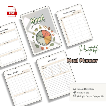 Meal Planner Printable | Weekly Meal Planner | Grocery List Planner | Meal Prep Planner | Healthy Eating Planner PDF