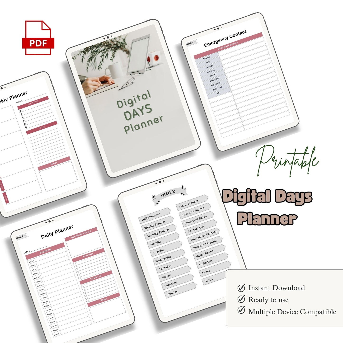 Digital Days Planner | Daily Digital Planner | Editable Planner PDF | Productivity Planner Digital | Tablet Planner