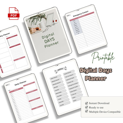 Digital Days Planner | Daily Digital Planner | Editable Planner PDF | Productivity Planner Digital | Tablet Planner