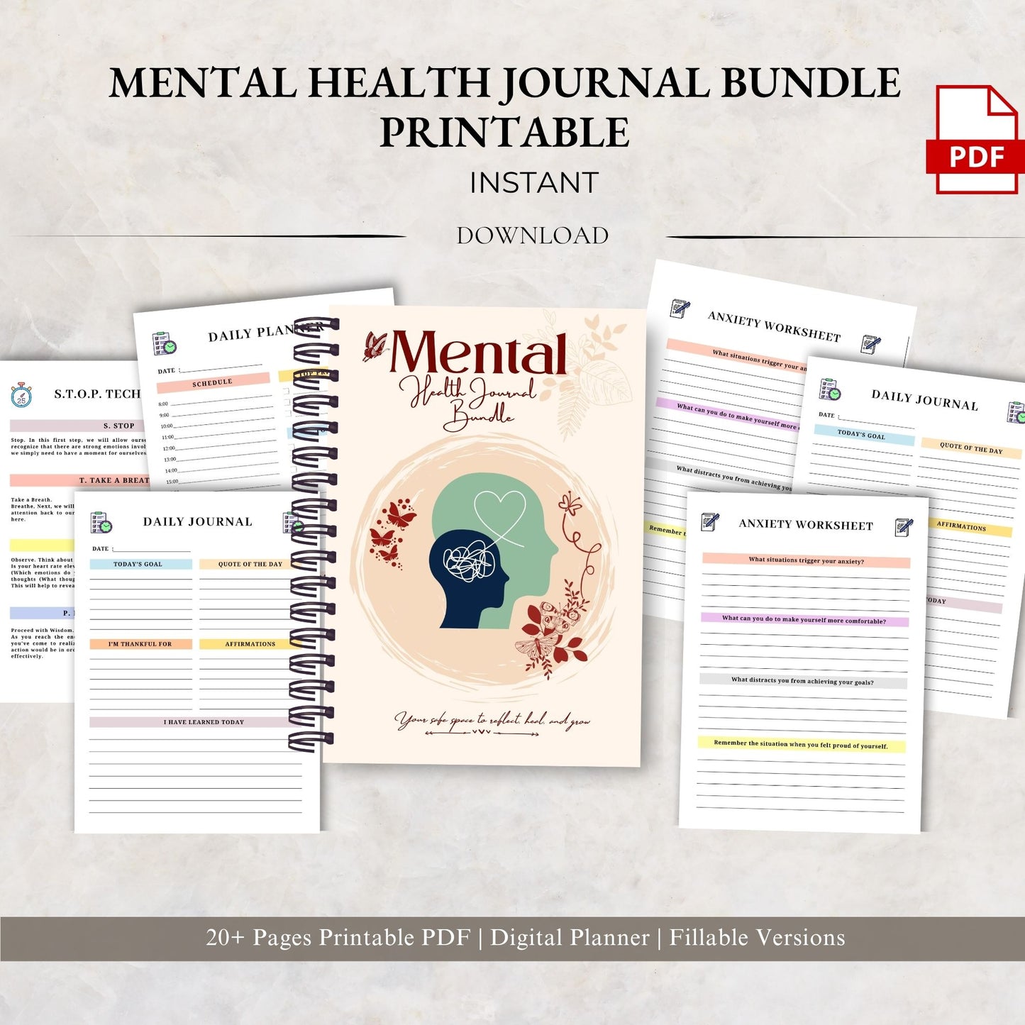 Mental Health Journal Bundle Printable | Self Care & Wellness Planner | Therapy Journal | Mindfulness & Mood Tracker