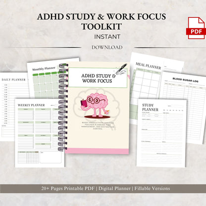adhd focus, study planner, work planner, focus tools, adhd study, productivity, task tracker, planner pdf, focus tracker, adhd work, time management, study tools, daily focus, work system, digital planner