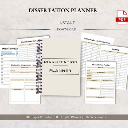 dissertation, thesis planner, phd planner, research planner, academic planner, grad student, writing planner, thesis tracker, study planner, research notes, planner pdf, academic work, project planner, student planner, research log