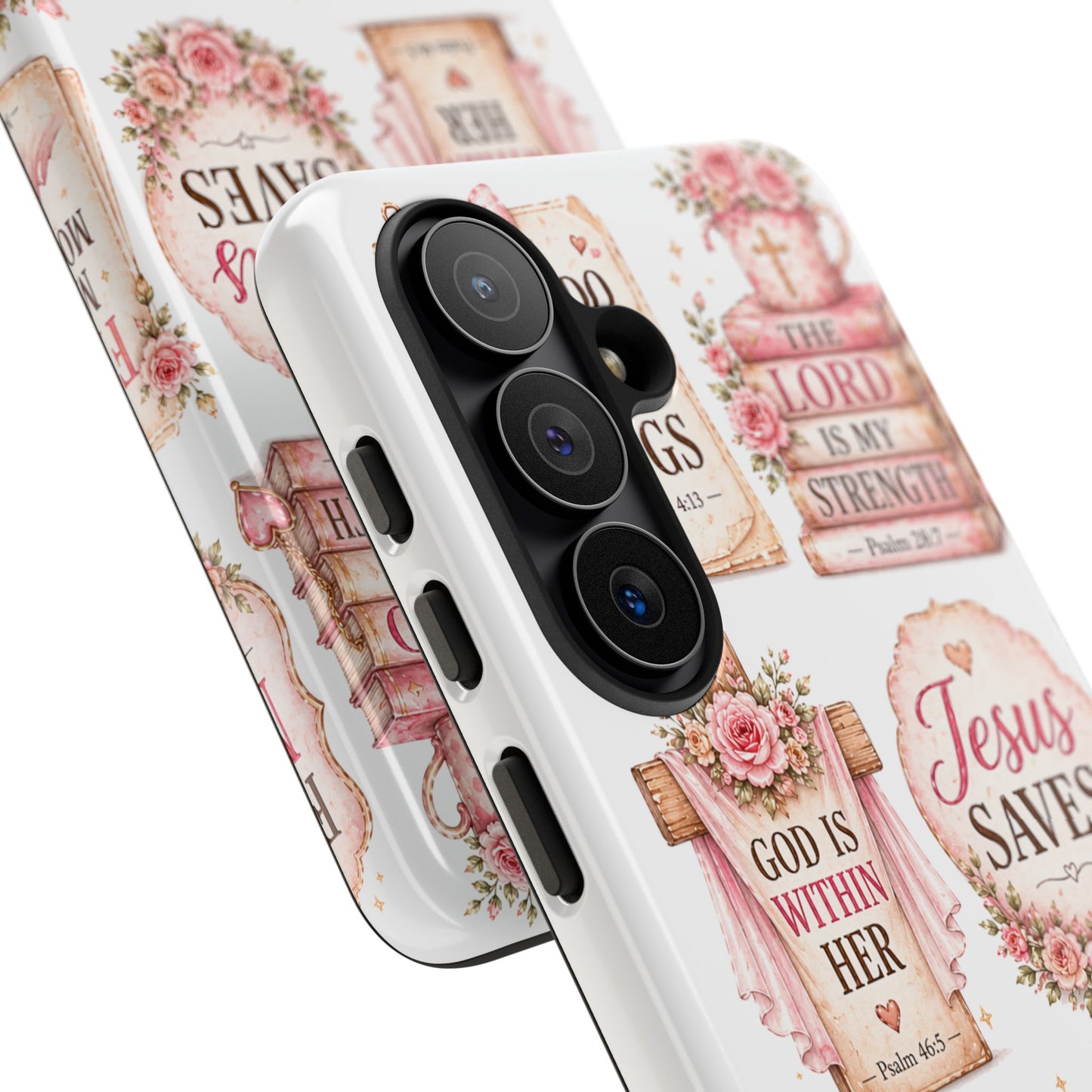 Christian Phone Case — Jesus Saves Floral Tough Case with 'God Is Within Her' & 'Trust God' Design