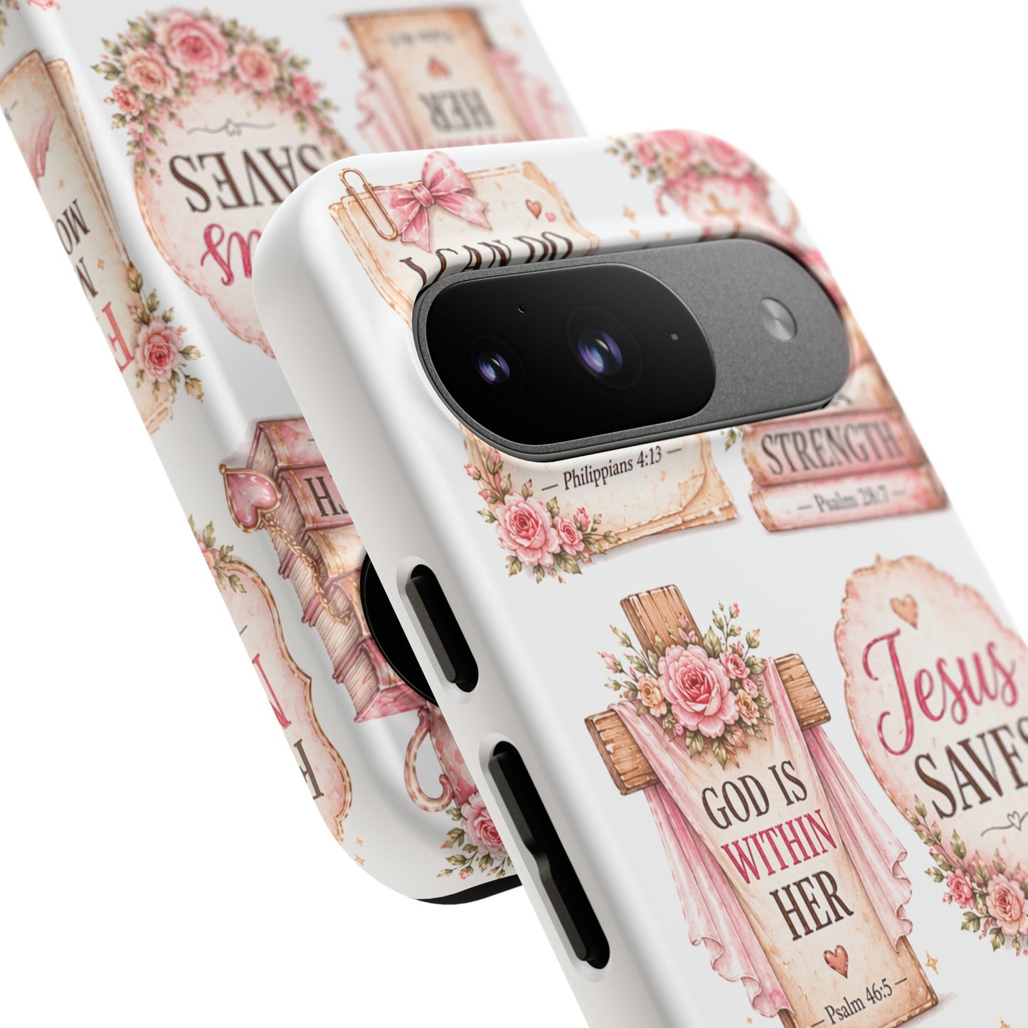 Christian Phone Case — Jesus Saves Floral Tough Case with 'God Is Within Her' & 'Trust God' Design