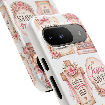 Christian Phone Case — Jesus Saves Floral Tough Case with 'God Is Within Her' & 'Trust God' Design