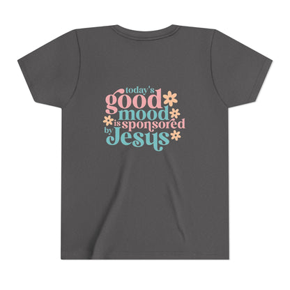 Youth Tee – "Today's Good Mood is Sponsored by Jesus" Retro Floral Christian Shirt