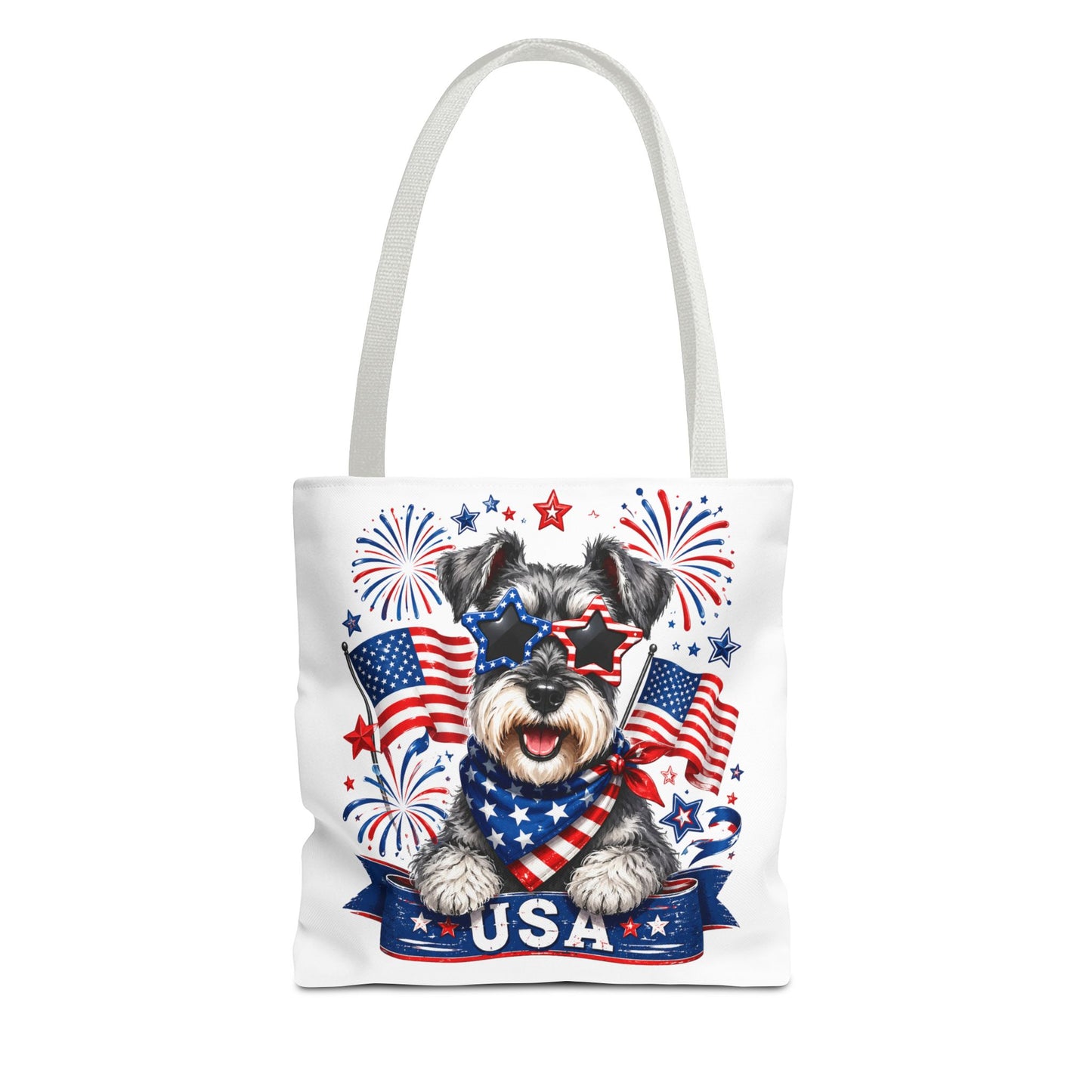 Patriotic Schnauzer Tote Bag — USA Flag Fireworks All-Over Print